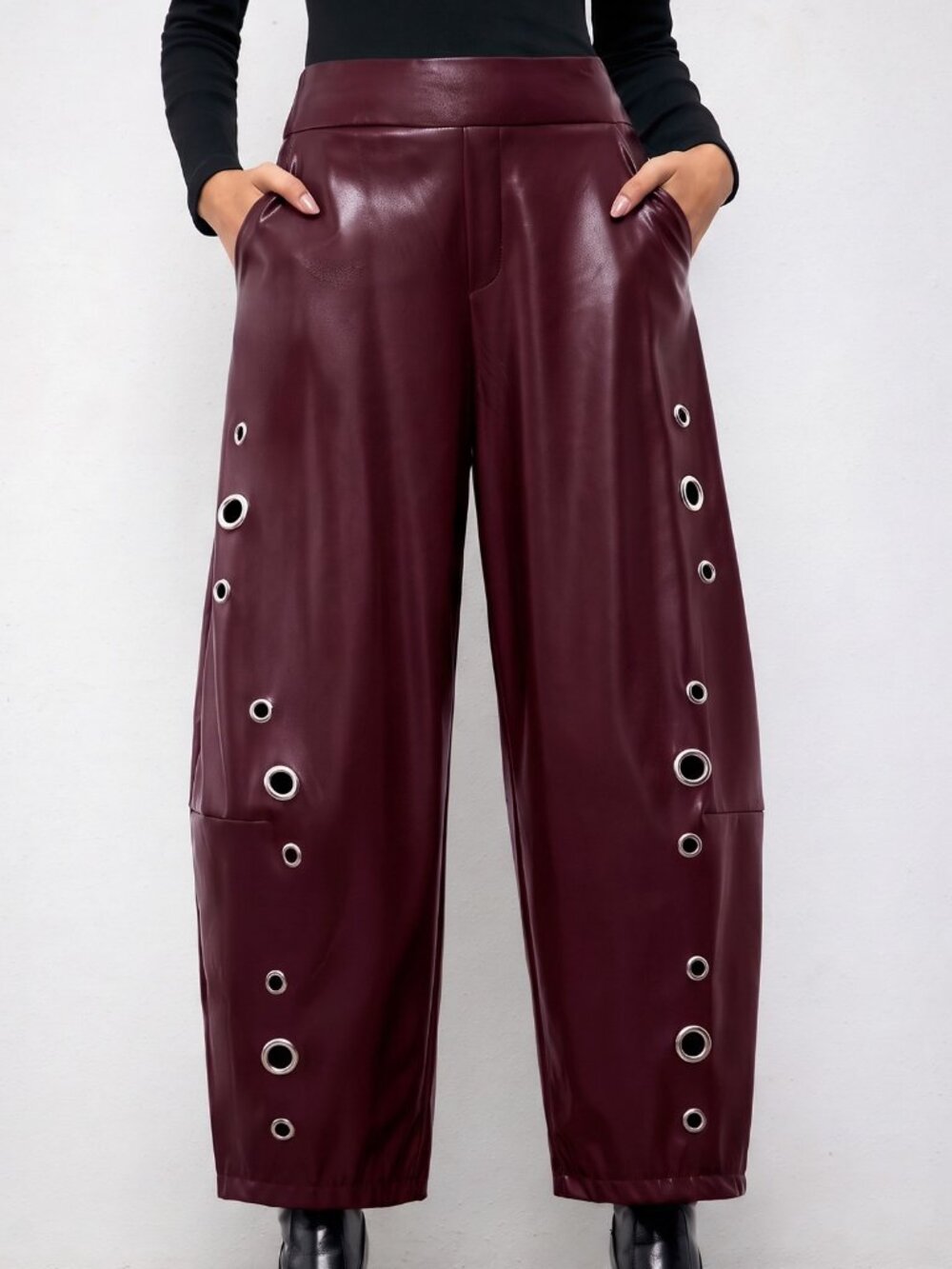 Burgundy Faux Leather Grommet Eyelet Tapered Long Pants